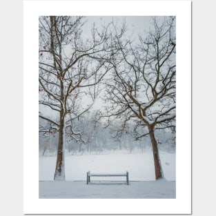 a bench under the snowy trees Posters and Art